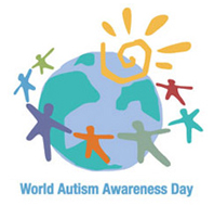 World Autism Awareness Day design. World with sun and people holding hands around it.